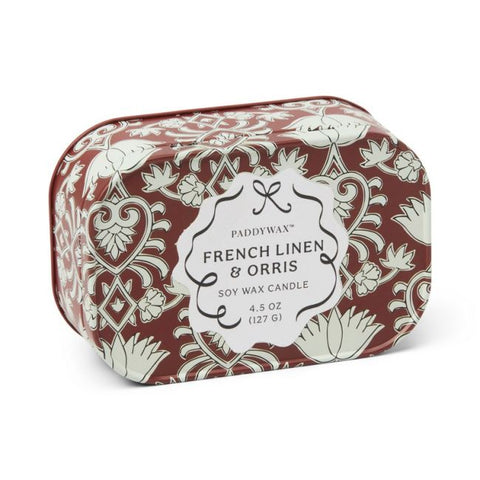 Bougie en boîte imprimée Paddywax, senteur Lin français et iris, idéal comme idée cadeau original ou pour soi-même, pour parfumer son intérieur.