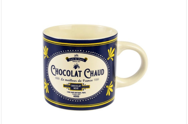 Mug bleu avec inscription chocolat chaud pour le thé, le café le chocolat et boisson chaude. Tasse anglaise à thé
