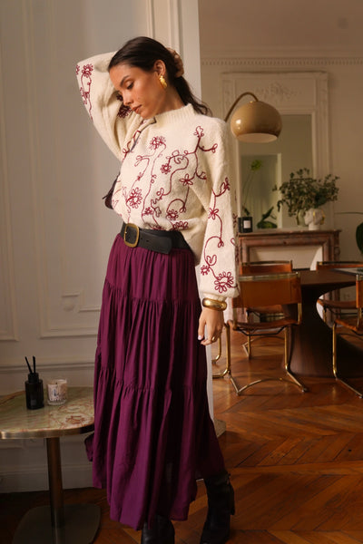 Jupe bordeaux effet jupon vue de face