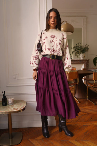 Jupe bordeaux effet jupon vue de face