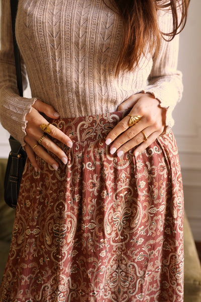 Jupe imprimée avec motifs, vue de face et zoomée