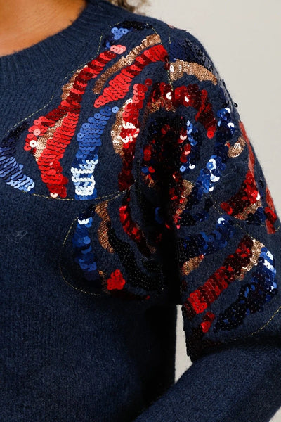 Pull Fleurs Sequin Bleu