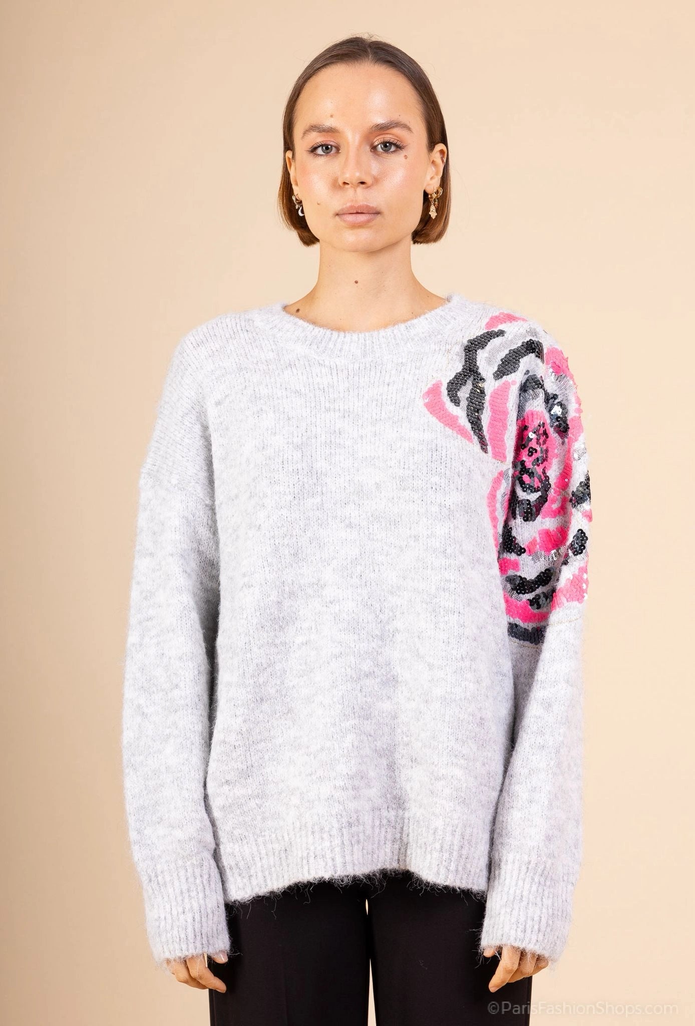 Pull gris avec des sequins de multiples couleurs sur l'épaule gauche.