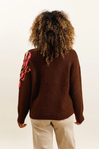 Pull Fleurs Sequin Marron